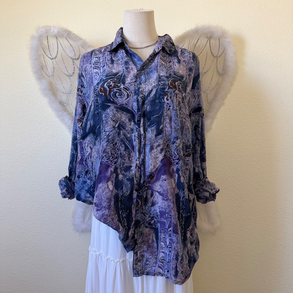 Bogari 90s Funky 100% Silk Abstract Print Button Up  Shirt Blue Purple Colorful